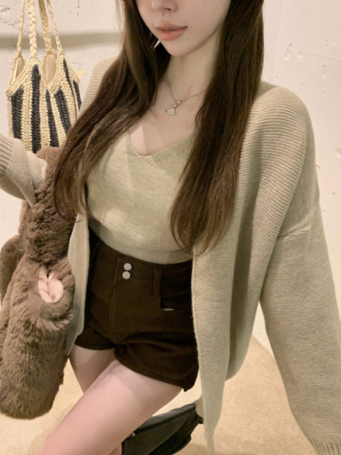 Real shot Autumn pure desire style lazy soft waxy suspender knitted cardigan two-piece set mid-length sweater jacket