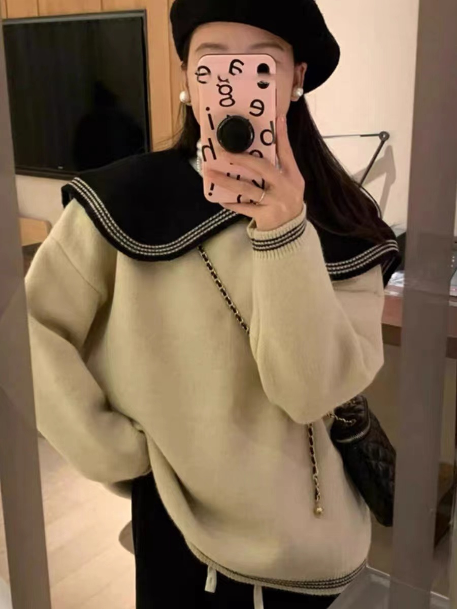 韓版撞色娃娃領毛衣女秋冬小個子慵懶風寬鬆軟糯甜美加厚針織上衣