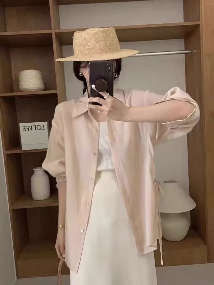 白色天絲防曬襯衫外套女夏季薄款設計感小眾吊帶外搭襯衣開衫上衣