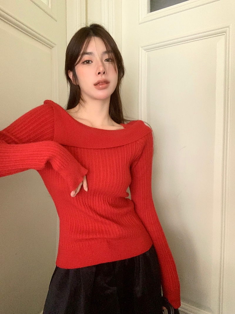 實拍 2023秋季新款韓版修身顯瘦紅色一字領針織衫上衣女桖