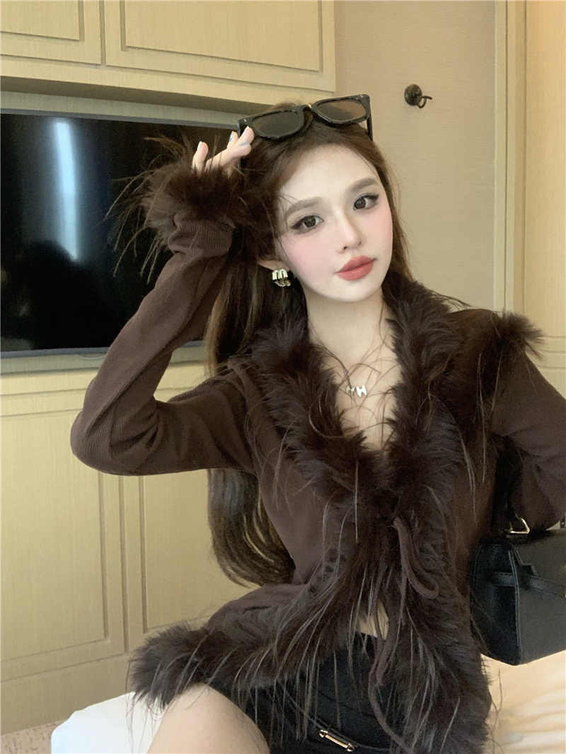 實拍~毛毛邊V領針織開衫秋冬純欲辣妹性感小上衣打底內搭外套