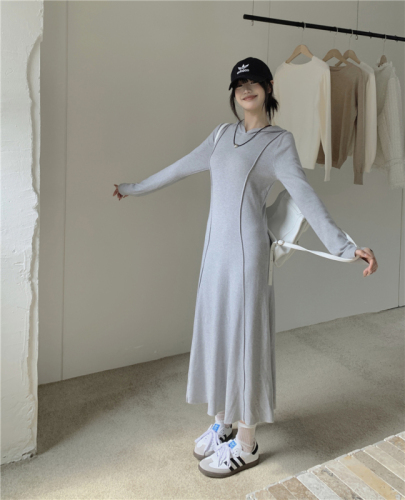 Real shots of new autumn and winter styles~Korean style hooded knitted long dress, elegant solid color coat with skirt underneath