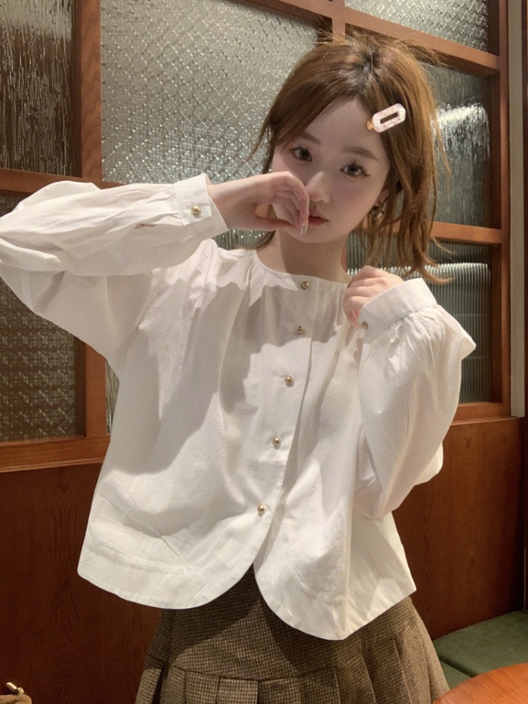復古白色簡約甜美設計感圓領襯衫長袖襯衣秋季新款女裝