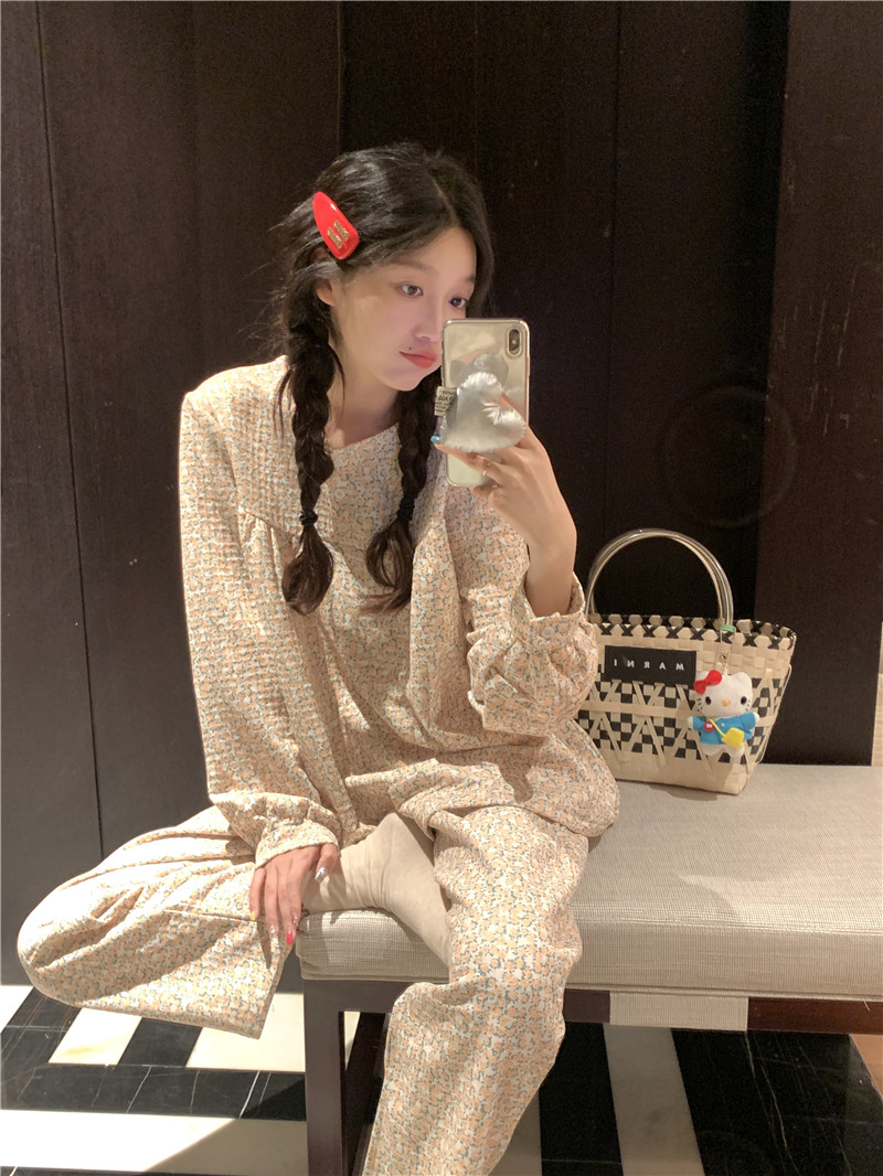 實拍韓版寬鬆加厚夾棉華夫格冬季休閒外穿學生家居服套裝