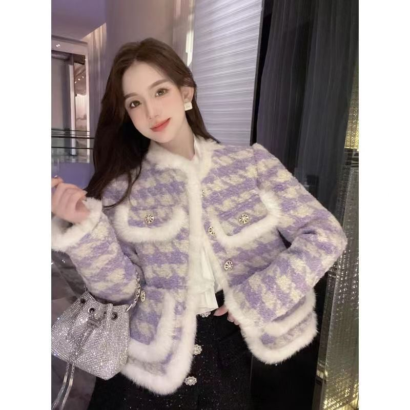 Mink fur small fragrant style coat for women 2023 autumn and winter houndstooth violet socialite thickened quilted woolen coat