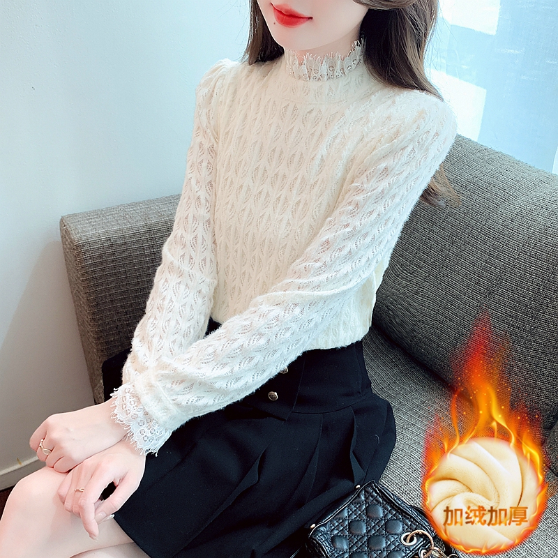 加絨加厚蕾絲衫冬季2023新款女裝燈籠袖半高領仙女白色甜美上衣