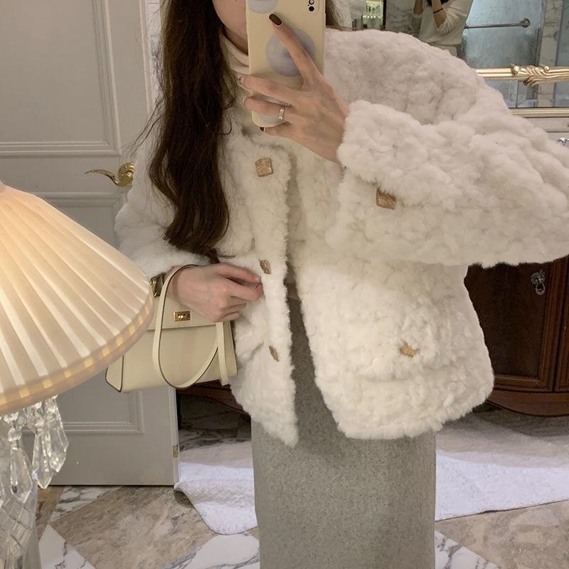 Korean style lined cardigan, short sherpa cotton clothespin, furry cotton coat, thickened coat, women's fur coat