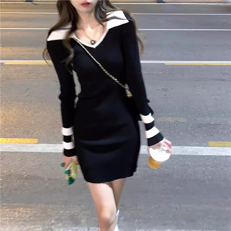 2023新款春秋冬季辣妹法式修身長袖性感包臀polo針織打底連衣裙女