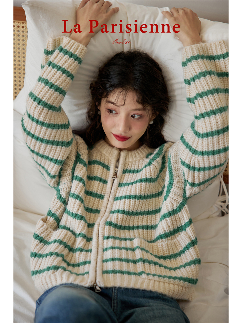 法式慵懶風圓領軟糯羊毛條紋復古毛衣女秋季顯瘦針織開衫
