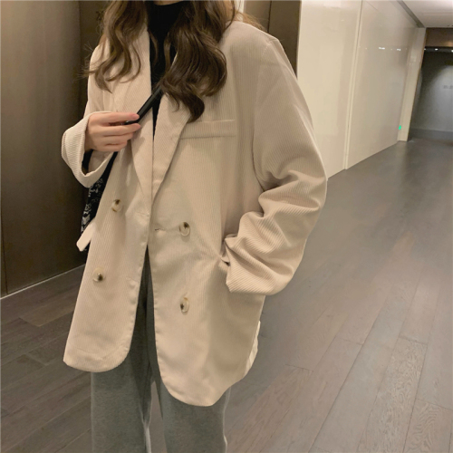 Real shot!  Quilted Corduroy Suit Jacket Women's Korean Style Loose Double-Breasted Suit Book Page Pocket Top