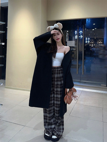 Actual shot of autumn and winter Korean chic simple warm sweater long coat + thickened contrasting plaid pants