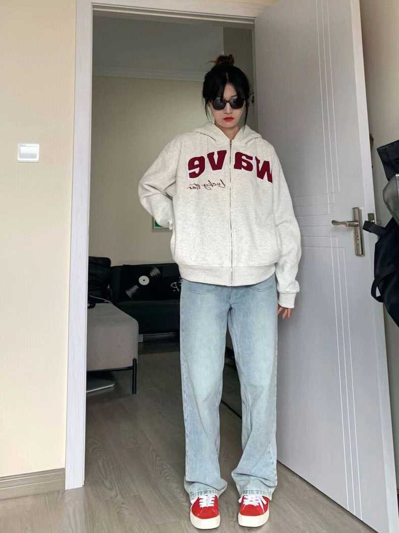 美式復古設計感小眾淺色牛仔褲女春秋季高腰直筒寬鬆拖地闊腿長褲