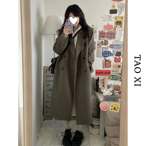 Black woolen coat women's mid-length winter new style student Korean style loose slimming thick woolen coat