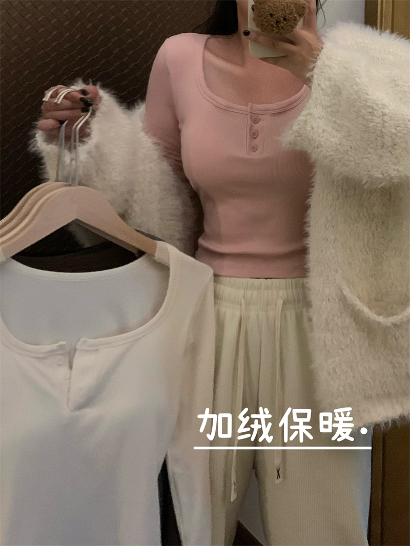 Real shot of autumn and winter thickened velvet warm long-sleeved inner layering shirt with chest pad T-shirt top