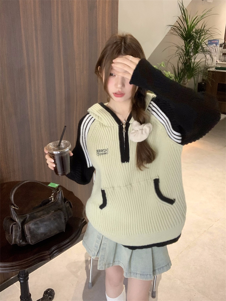 實拍！復古連帽拉鏈衛衣女寬鬆百搭慵懶風毛衣外套