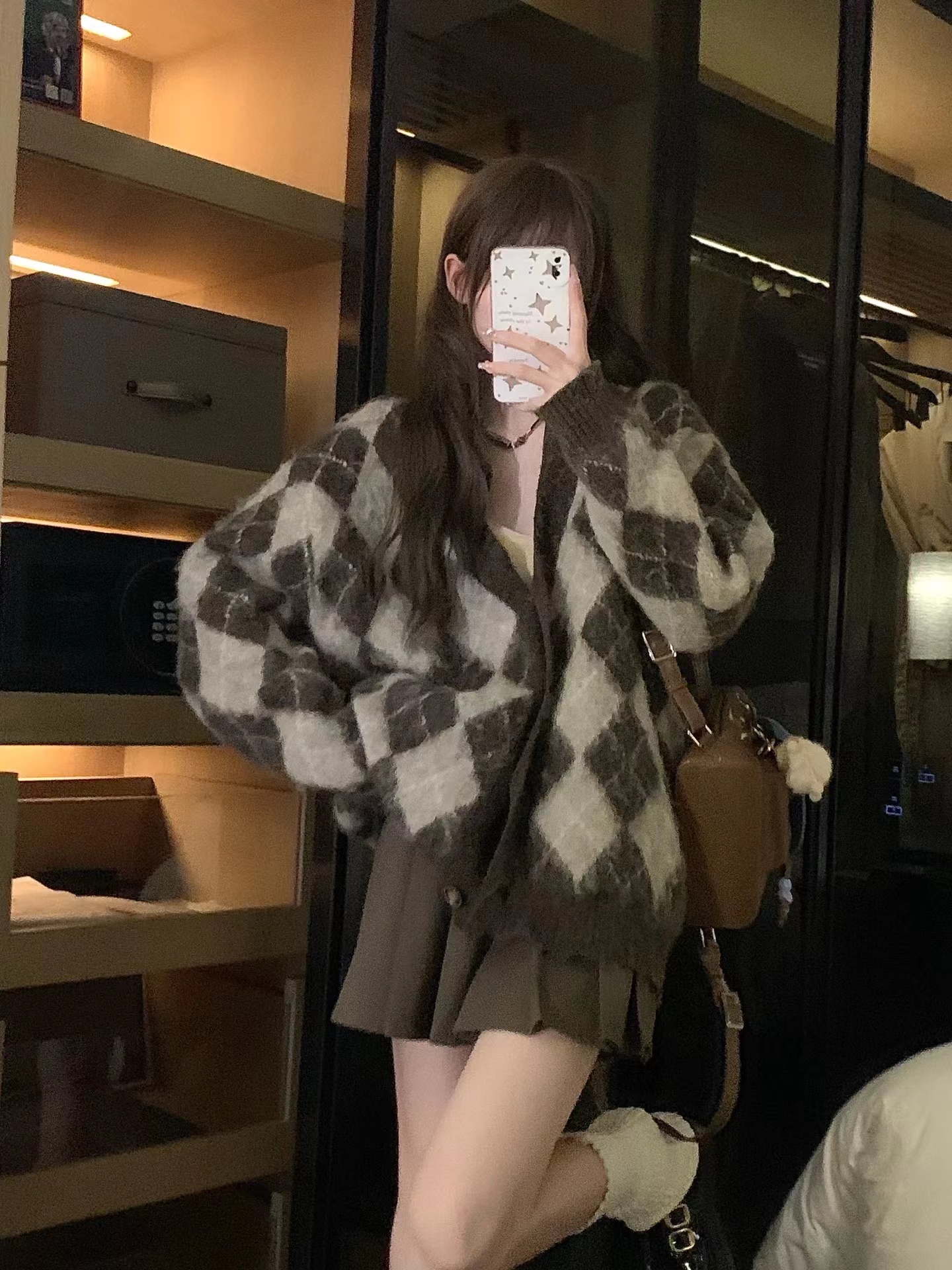 韓版復古開衫毛衣女學生秋冬學院風菱形設計長袖針織衫外套上衣