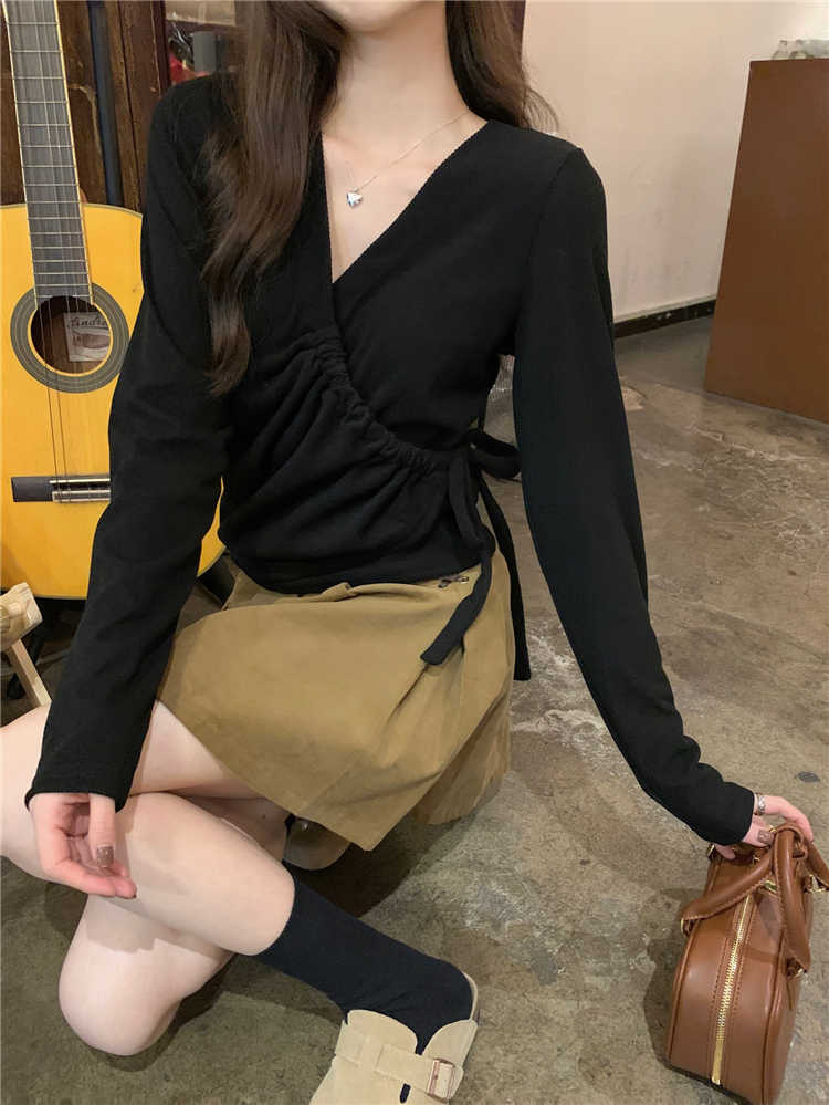 實拍！v領不規則設計感長袖打底衫T恤女小眾側邊系帶百搭上衣