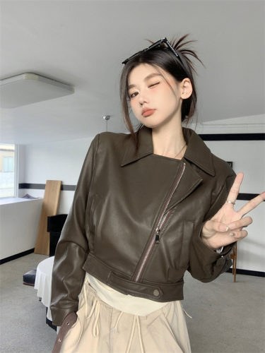 Real shot of autumn and winter new design high-end retro coffee color pu leather suit leather jacket short style