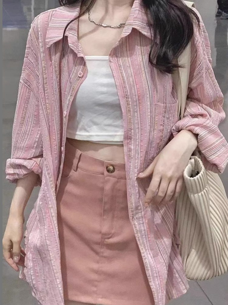粉色條紋襯衫新款女裝上衣設計感小眾薄款外套