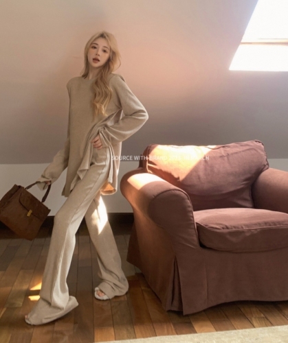 Real shot of lazy temperament lazy suit shoulder pad top/draped trousers casual pants women's autumn two-piece set