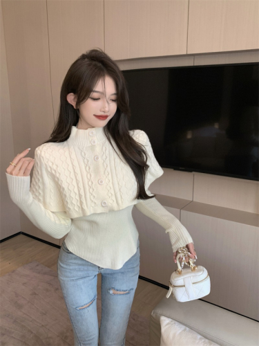 Half turtleneck sweater cape shawl bottoming sweater top autumn and winter 2023 new two-piece suit for women