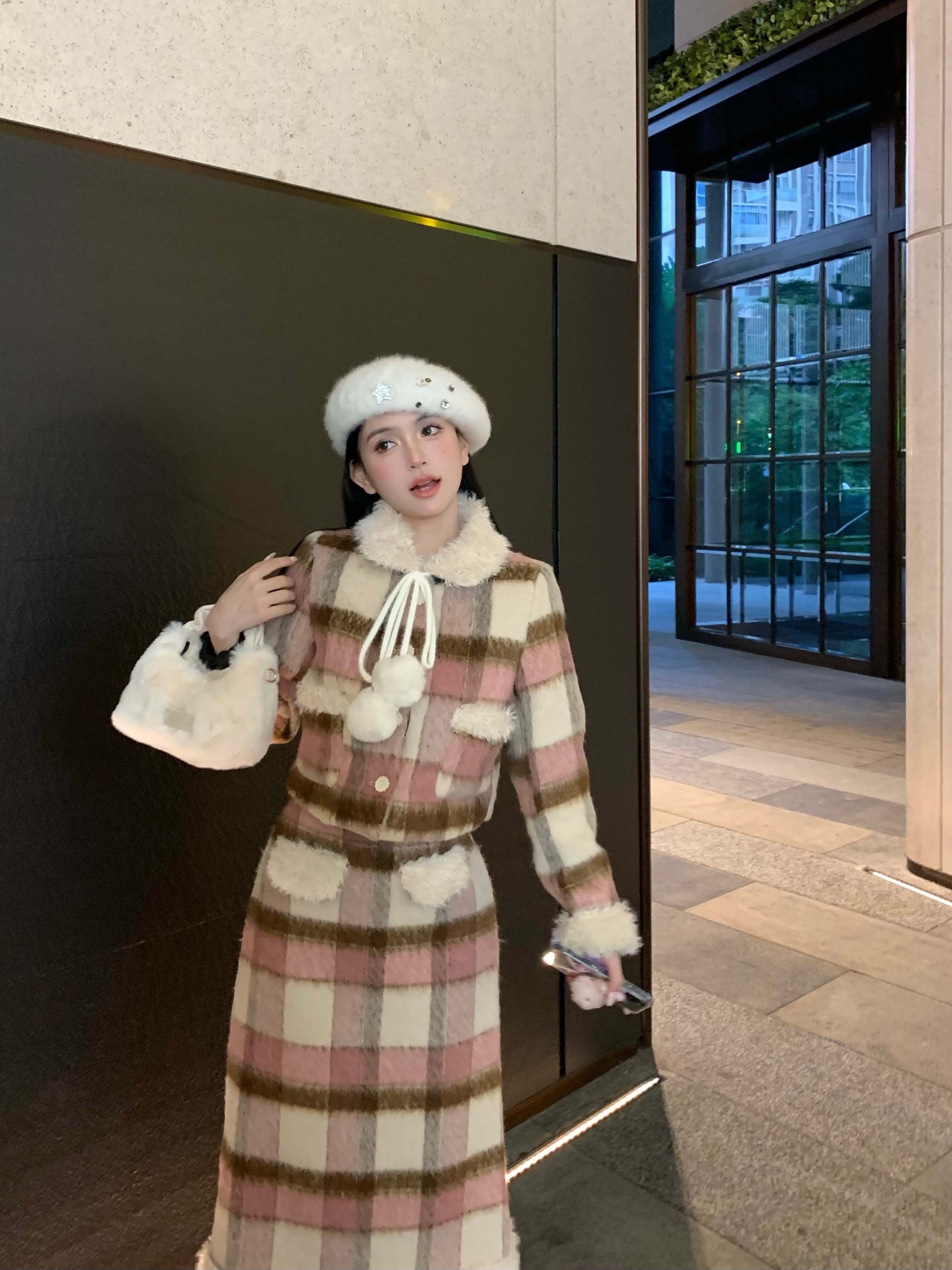 Actual shot of Blackberry and Laurel Autumn and Winter sweet style girly plaid patchwork skirt suit