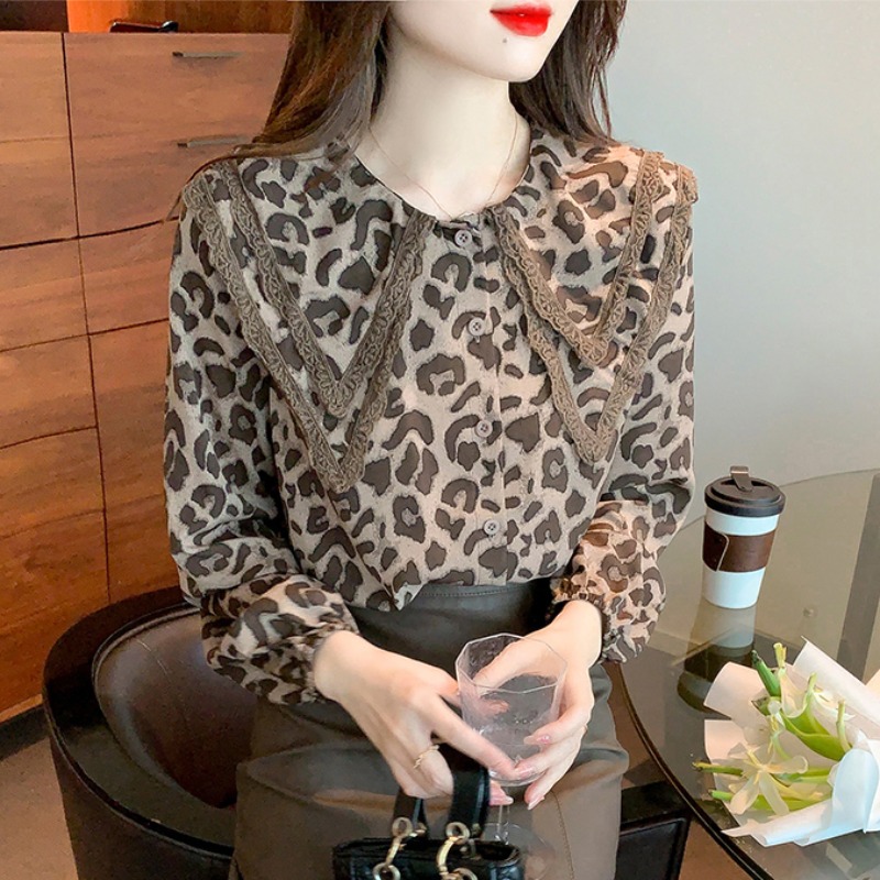 韓版氣質優雅時髦高級設計感雙層娃娃領豹紋襯衫女ins潮秋裝上衣