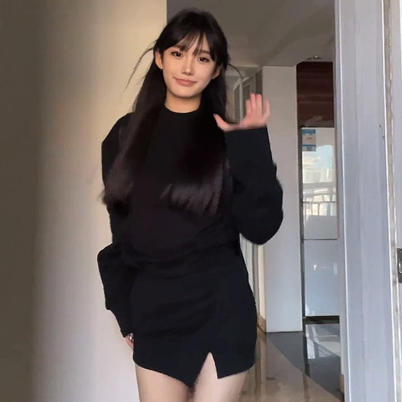 美式復古辣妹假兩件衛衣連衣裙女春秋2023新款高級百搭開衩短裙子