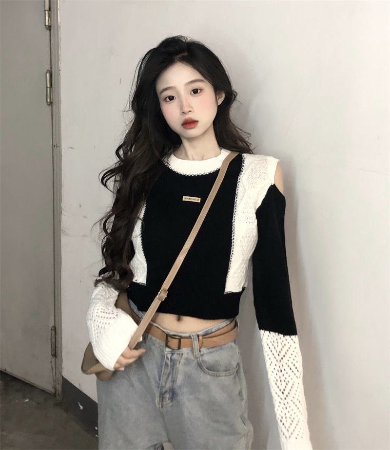 實拍 黑色甜辣露肩短款毛衣設計感小眾針織衫別致打底上衣女ins潮