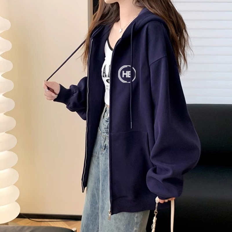 Pure cotton Chinese cotton 330g/420g autumn and winter Korean style loose thin + velvet zipper hooded sweatshirt for women