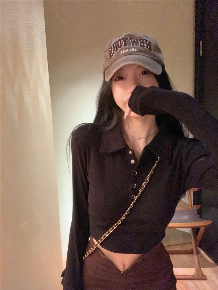 厚款POLO領短款修身T恤女裝灰色正肩打底衫黑色緊身長袖上衣