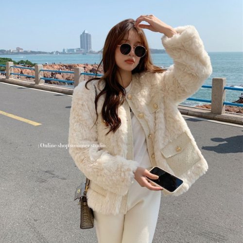 Imitation fur small fragrance winter coat for women  new high-end fashion rabbit fur thickened round neck internet celebrity cotton coat