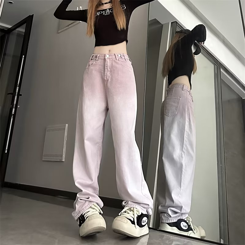 2023年秋冬時尚漸變色甜美百搭寬鬆闊腿長褲少女網紅拖地褲牛仔褲