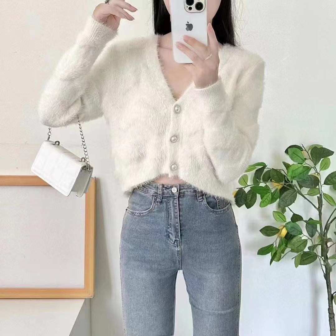 Imitation mink knitted cardigan sweater jacket women's autumn and winter clothing 2023 new European style short style