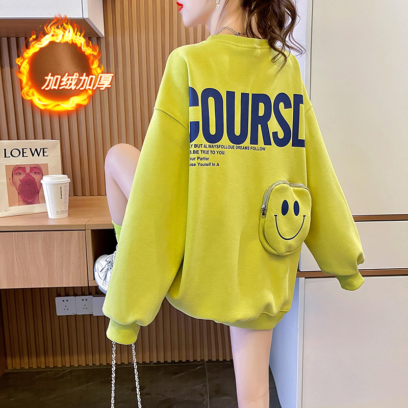 Actual shot of new winter Korean style loose bag collar composite round neck pocket mid-length large size velvet sweatshirt for women