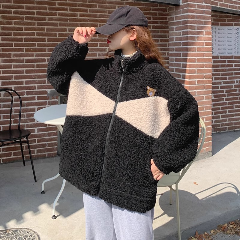 Original workmanship plus velvet thickening jacket girls winter clothing 2023 new cotton clothing high school student lamb jacket