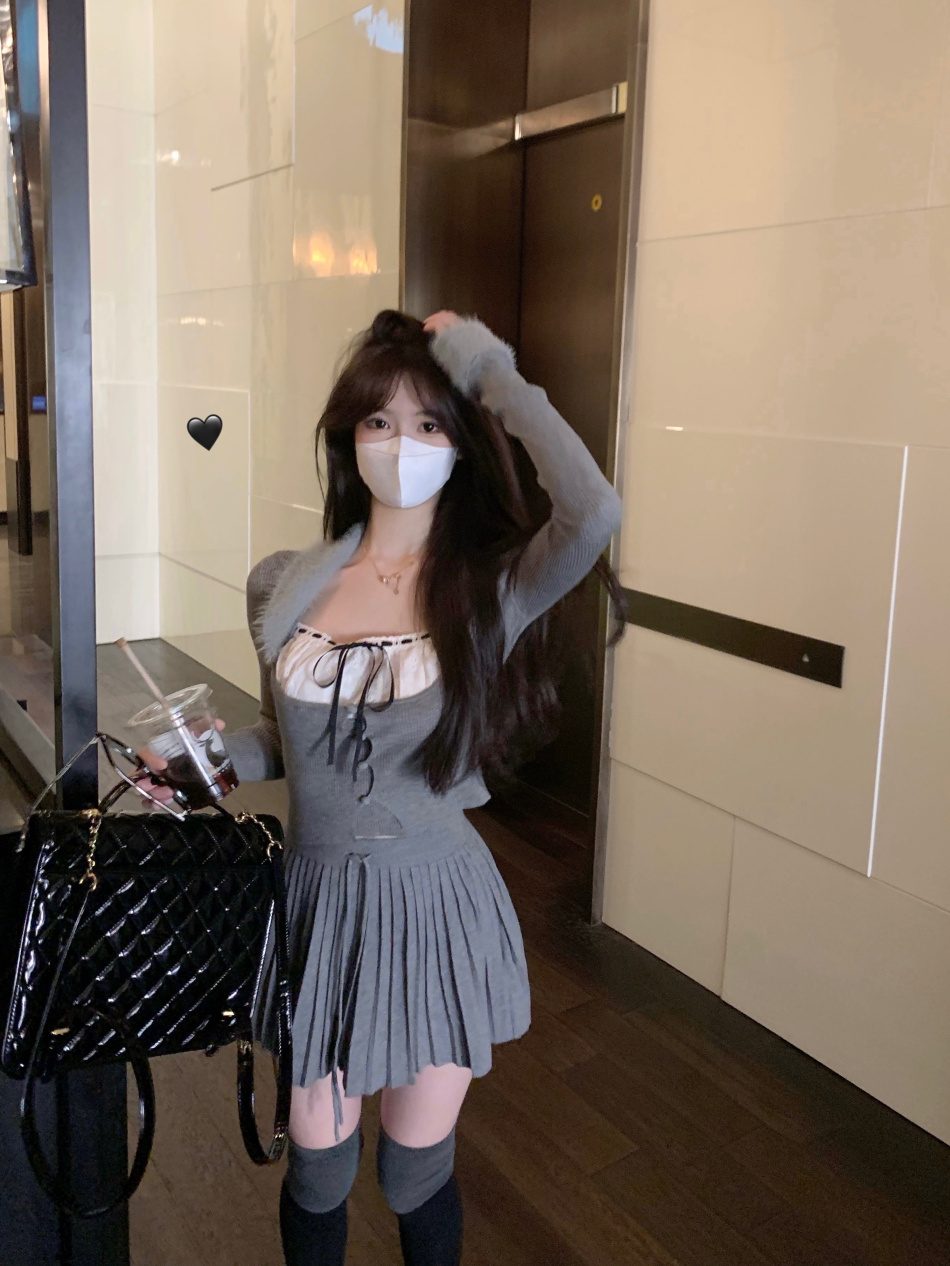 實拍~ 純欲風針織開衫拼接背心百褶半身裙三件套裝