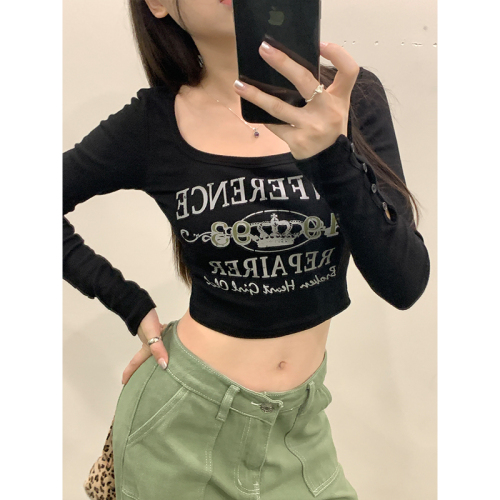 Real shot of Autumn Pure Desire Slim Fit Shoulder Short Top Women American Hot Girl Letter Print Long Sleeve T-Shirt