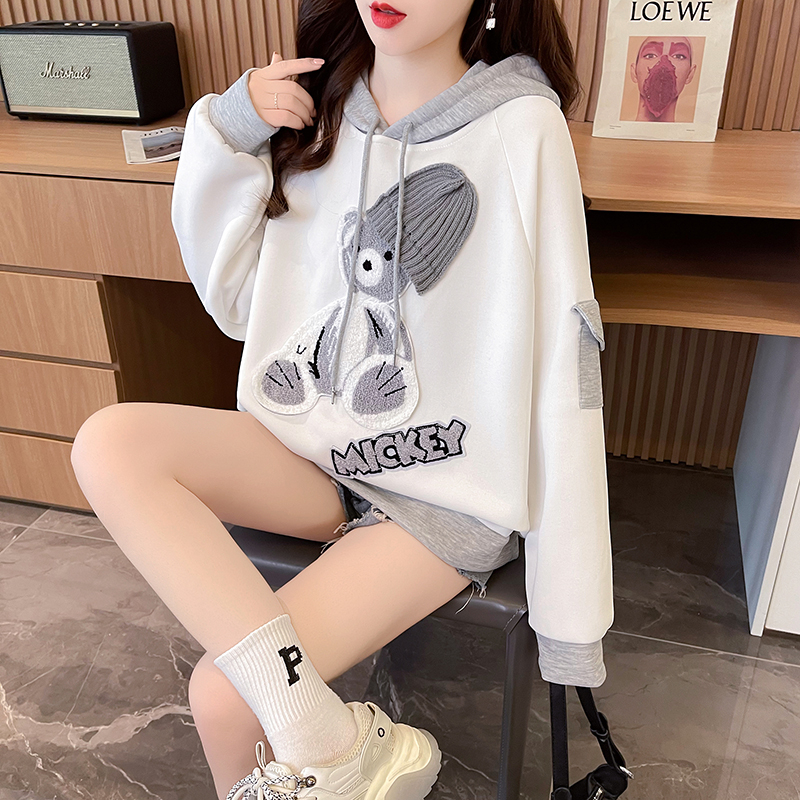 Actual shot of winter Korean style loose composite Babei velvet hooded cartoon print mid-length large size plus velvet sweatshirt for women