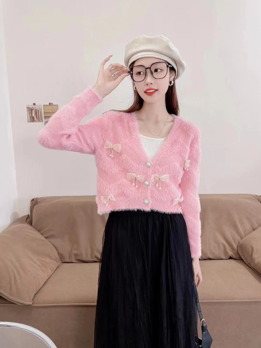 Bow solid color twist cardigan sweater 2023 new autumn loose round neck knitted Korean style jacket tops for women