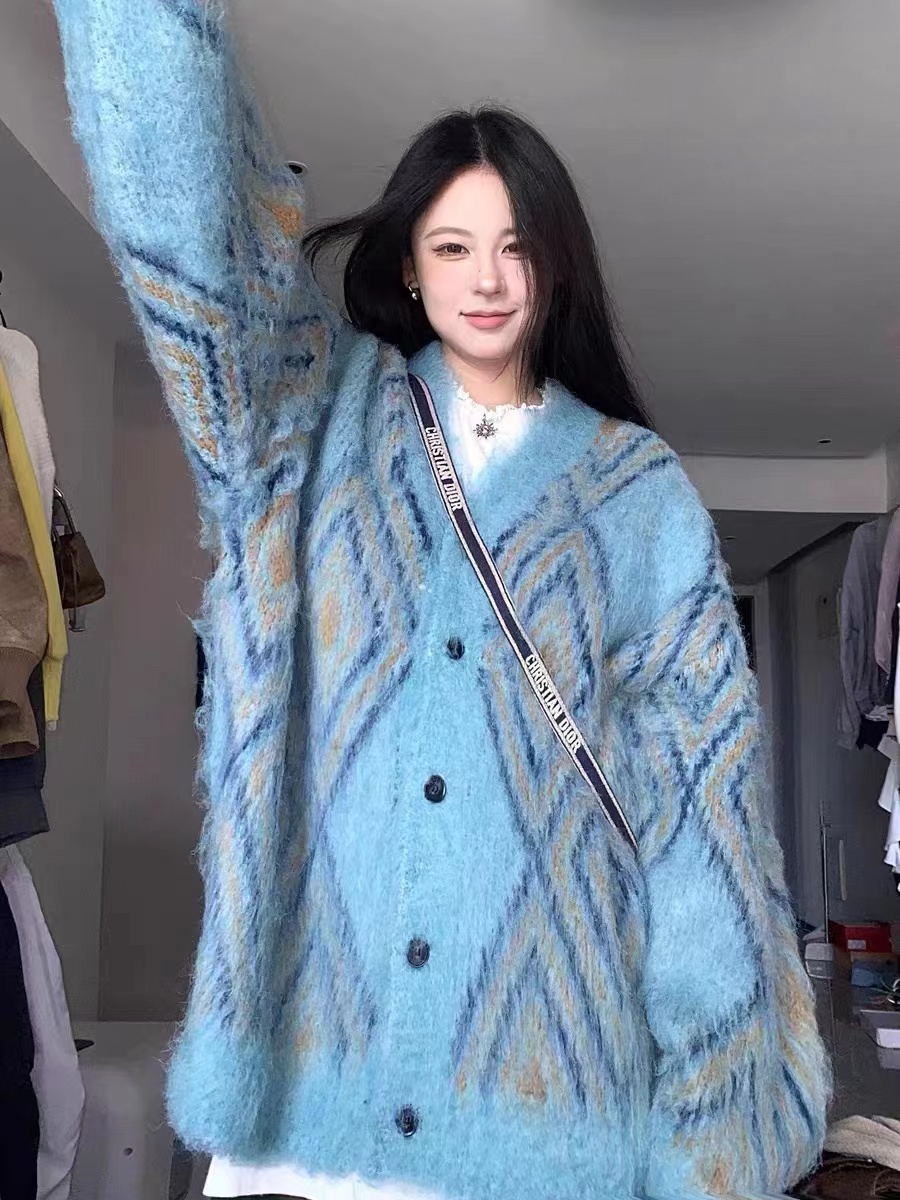 BabyStudios 秋冬復古長毛針織開衫女復古寬慵懶厚實毛衣外套潮