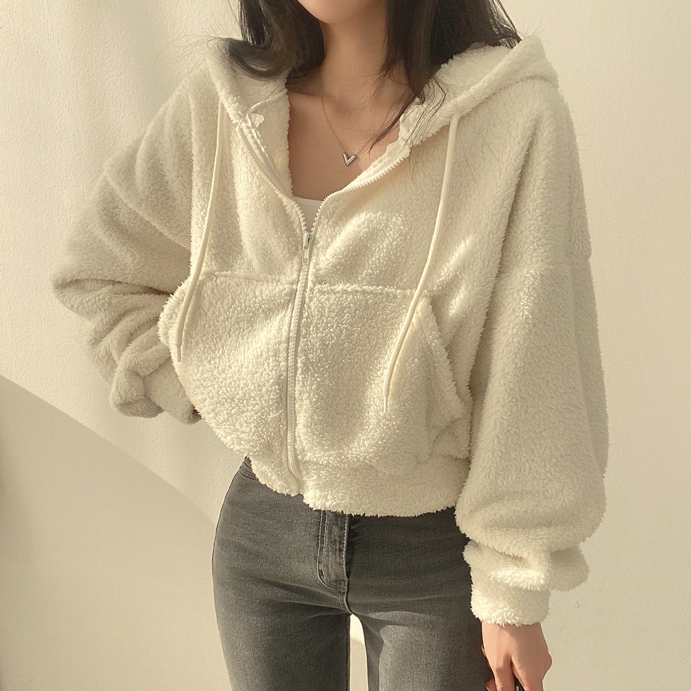 羊羔毛白色連帽衛衣女秋冬加絨加厚oversize寬鬆開衫短款外套上衣