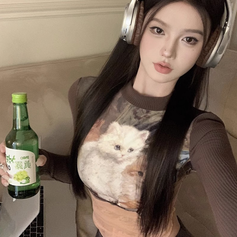 Retro hot girl cat print long-sleeved T-shirt for women autumn slim-fitting short patchwork bottoming shirt top