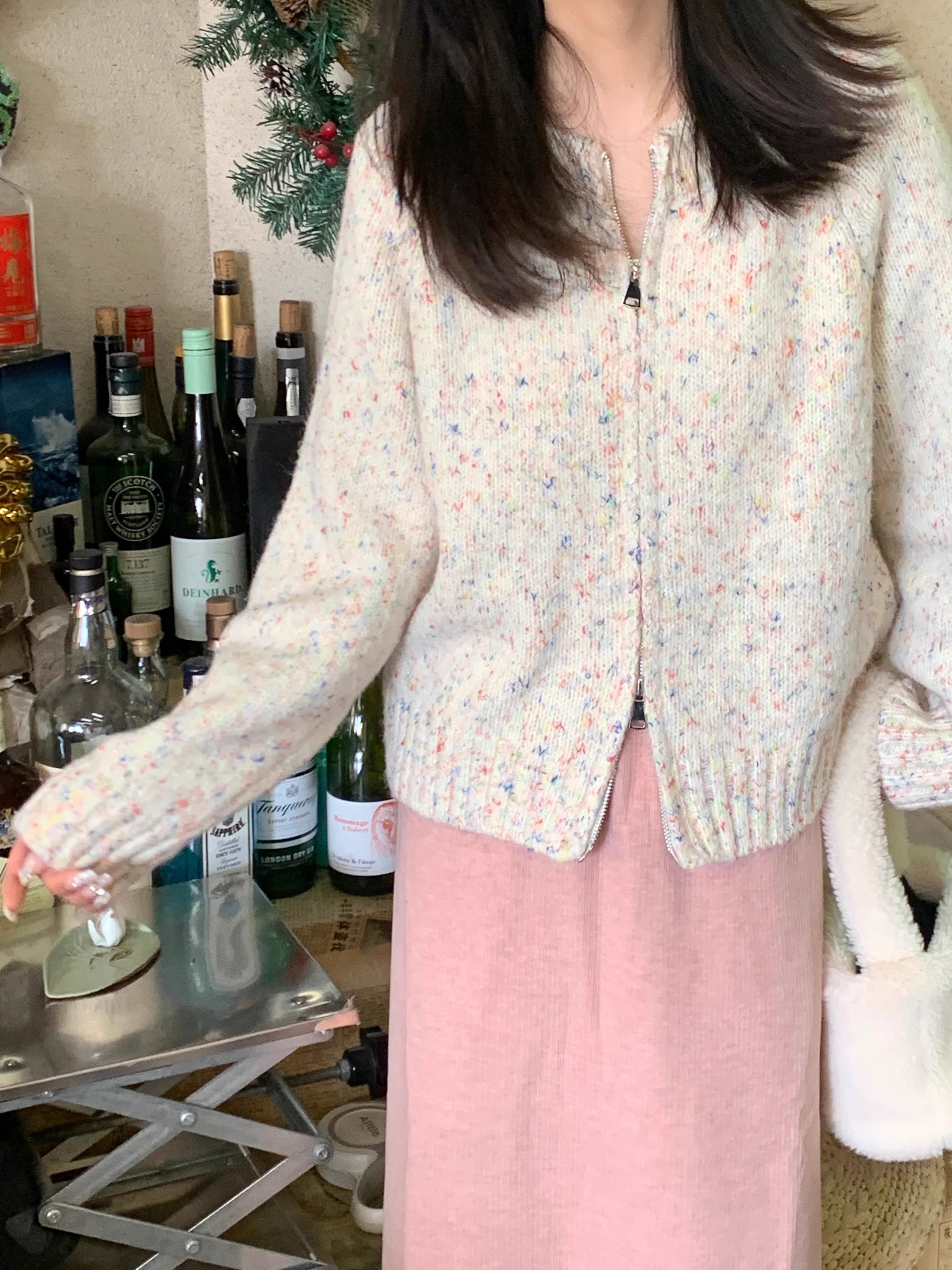 你別笑啦 秋季清新溫柔彩點毛衣開衫女雙拉鏈設計款日韓系慵懶風