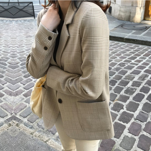 Korean style houndstooth slim temperament suit tops for women  autumn new single-breasted retro small suit jackets large size