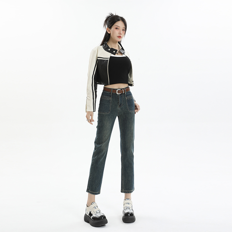 實拍2023秋冬新款加絨牛仔褲女高腰特色口袋小直筒九分煙管褲