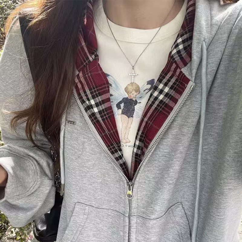 Early autumn American retro gray hooded sweatshirt jacket for women spring and autumn 2023 new oversize top