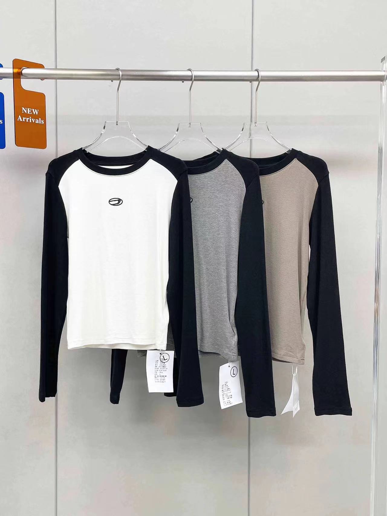 Round neck embroidered contrast color long-sleeved pullover versatile bottoming T-shirt for women European station autumn and winter western style slimming slim cotton T-shirt