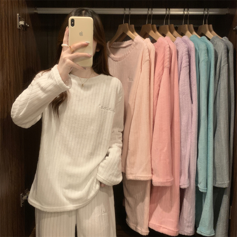 實拍 新款韓版珊瑚絨糖果色寬鬆家居服睡衣套裝兩件套