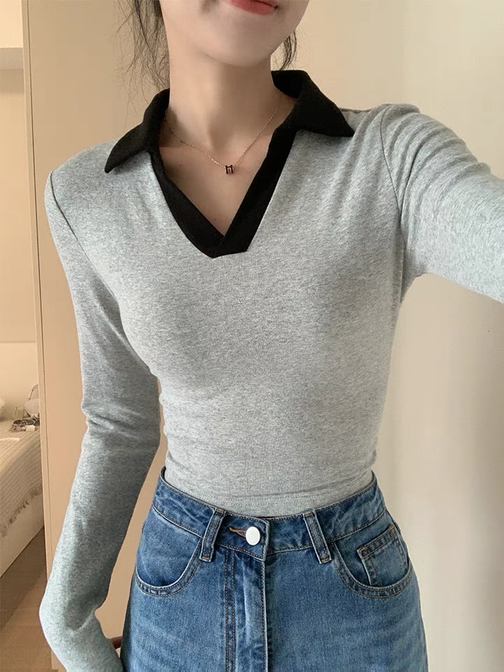 Guo Jiujiu pure cotton polo collar pure cotton long-sleeved T-shirt summer contrasting design basic versatile top